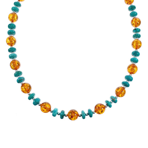 Native American Navajo Turquoise and Amber Bead Sterling Silver Necklace AX124696