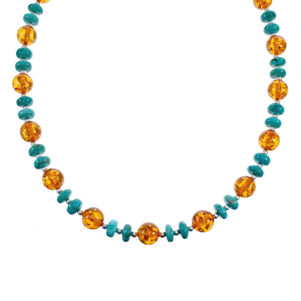 Native American Navajo Turquoise and Amber Bead Sterling Silver Necklace AX124696
