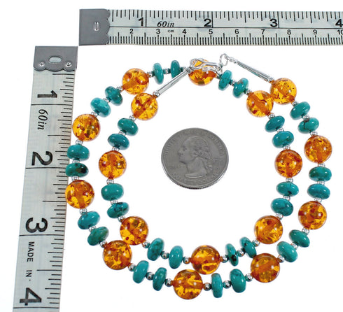 Native American Navajo Turquoise and Amber Bead Sterling Silver Necklace AX124696