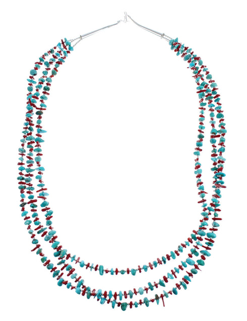 Silver 3 Strand Turquoise and Coral Bead Necklace AX124714