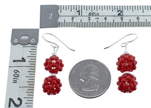 Southwest Sterling Silver Coral Bead Hook Dangle Earrings AX124722