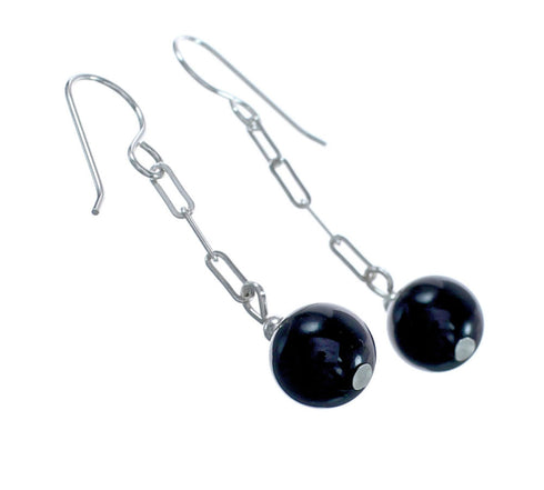 Native American Onyx Sterling Silver Bead Hook Dangle Earrings AX124740