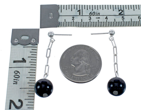 Native American Onyx Sterling Silver Bead Post Dangle Earrings AX124739