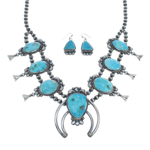 Turquoise Sterling Silver Navajo Naja Squash Blossom Necklace And Earrings Set AX124767