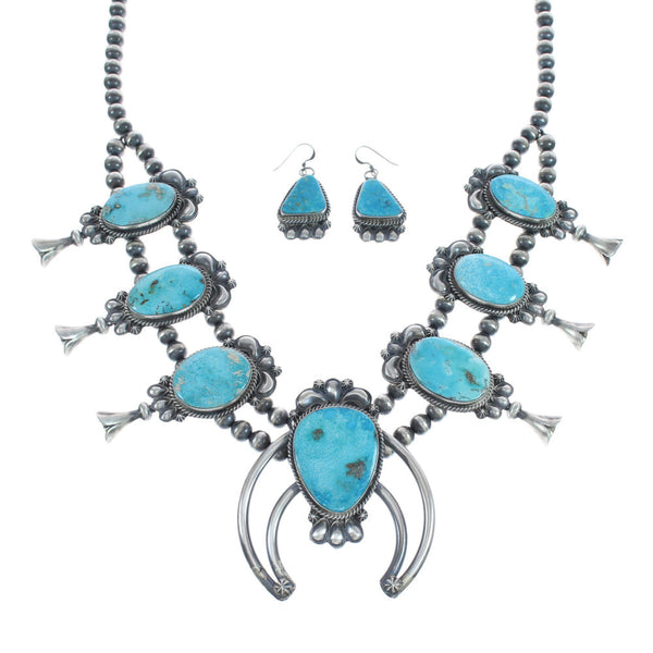 Turquoise Sterling Silver Navajo Naja Squash Blossom Necklace And Earrings Set AX124767