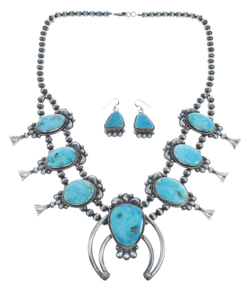 Turquoise Sterling Silver Navajo Naja Squash Blossom Necklace And Earrings Set AX124767