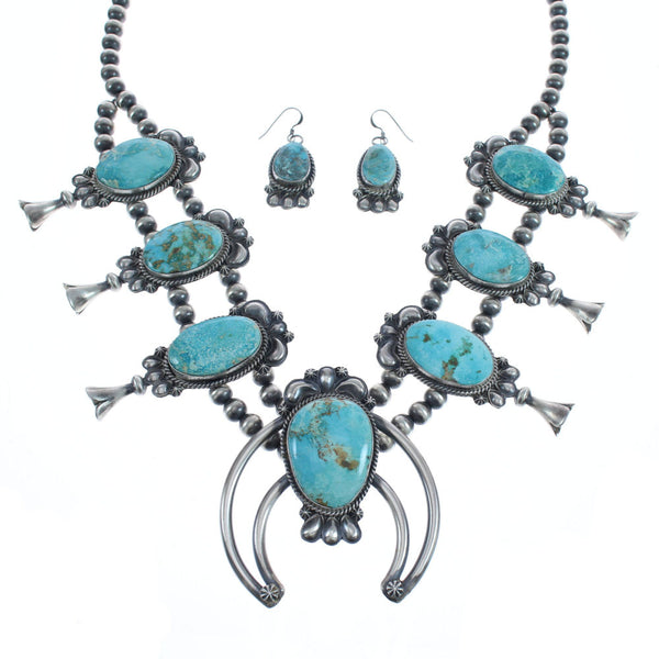 Turquoise Sterling Silver Navajo Naja Squash Blossom Necklace And Earrings Set AX124768