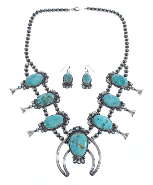 Turquoise Sterling Silver Navajo Naja Squash Blossom Necklace And Earrings Set AX124768