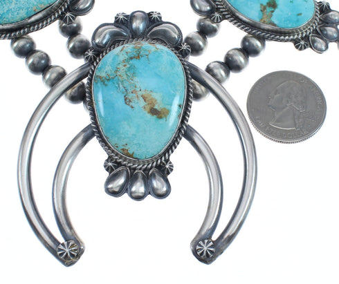 Turquoise Sterling Silver Navajo Naja Squash Blossom Necklace And Earrings Set AX124768