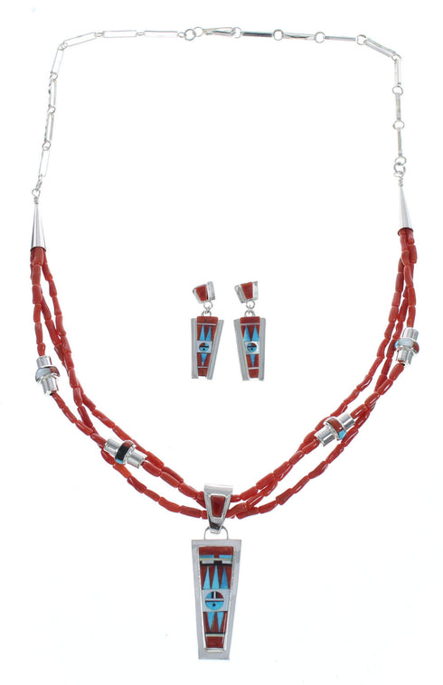Zuni Indian Multicolor Sterling Silver 3-Strand Bead Necklace And Earrings Set AX124746