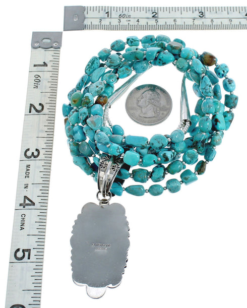 Native American Kingman Turquoise 3-Strand Sterling Silver Bead Necklace Pendant Set AX124774