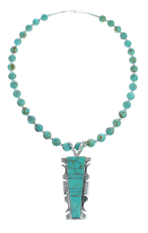 Native American Kingman Turquoise Inlay And Sterling Silver Bead Necklace And Pendant Set AX124776