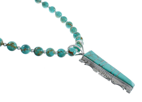 Native American Kingman Turquoise Inlay And Sterling Silver Bead Necklace And Pendant Set AX124776