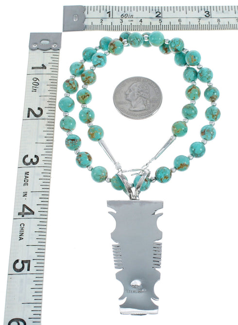 Native American Kingman Turquoise Inlay And Sterling Silver Bead Necklace And Pendant Set AX124776