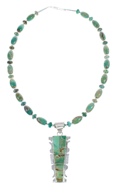 Native American Kingman Turquoise Inlay And Sterling Silver Navajo Bead Necklace And Pendant Set AX124778