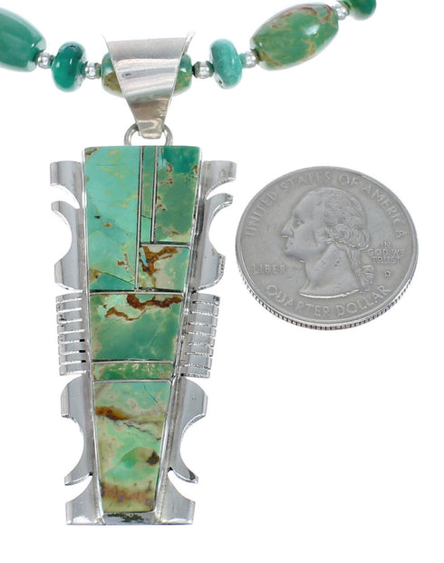 Native American Kingman Turquoise Inlay And Sterling Silver Navajo Bead Necklace And Pendant Set AX124778