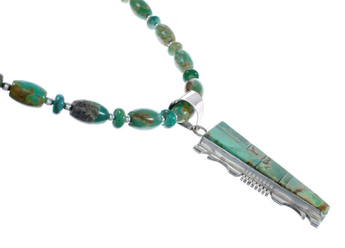 Native American Kingman Turquoise Inlay And Sterling Silver Navajo Bead Necklace And Pendant Set AX124778