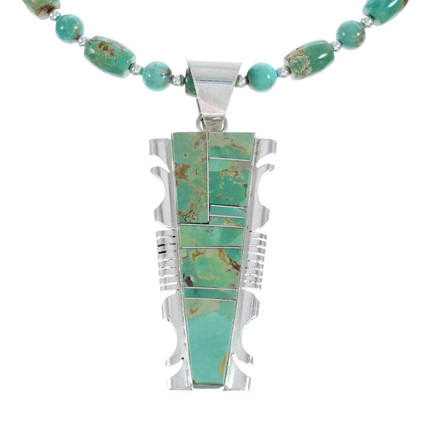 Native American Kingman Turquoise Inlay And Sterling Silver Navajo Bead Necklace And Pendant Set AX124779
