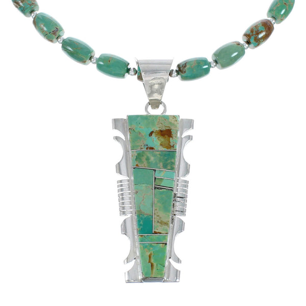 Native American Kingman Turquoise Inlay And Sterling Silver Navajo Bead Necklace And Pendant Set AX124780