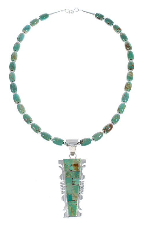 Native American Kingman Turquoise Inlay And Sterling Silver Navajo Bead Necklace And Pendant Set AX124780