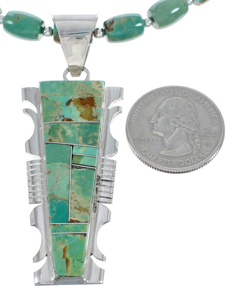 Native American Kingman Turquoise Inlay And Sterling Silver Navajo Bead Necklace And Pendant Set AX124780