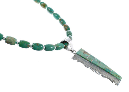 Native American Kingman Turquoise Inlay And Sterling Silver Navajo Bead Necklace And Pendant Set AX124780