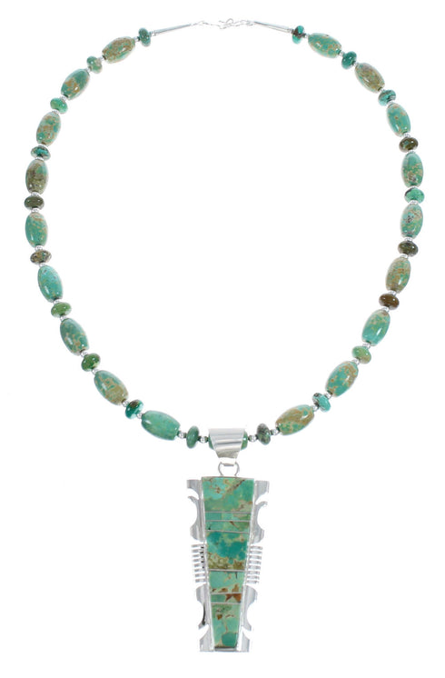 Native American Kingman Turquoise Inlay And Sterling Silver Navajo Bead Necklace And Pendant Set AX124783