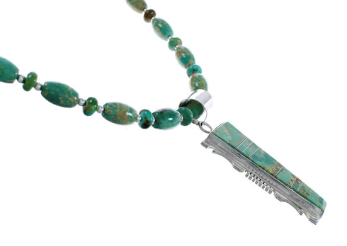Native American Kingman Turquoise Inlay And Sterling Silver Navajo Bead Necklace And Pendant Set AX124783