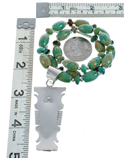 Native American Kingman Turquoise Inlay And Sterling Silver Navajo Bead Necklace And Pendant Set AX124783