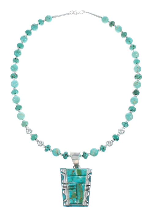 Native American Kingman Turquoise Cobble Inlay And Sterling Silver Navajo Bead Necklace Set AX124789