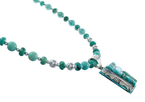 Native American Kingman Turquoise Cobble Inlay And Sterling Silver Navajo Bead Necklace Set AX124789