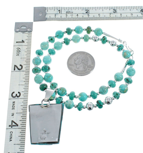 Native American Kingman Turquoise Cobble Inlay And Sterling Silver Navajo Bead Necklace Set AX124789