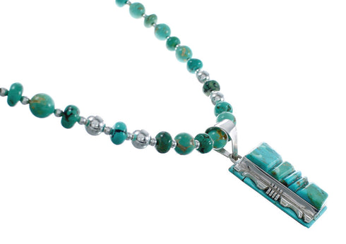 Native American Kingman Turquoise Cobble Inlay And Sterling Silver Navajo Bead Necklace Set AX124790