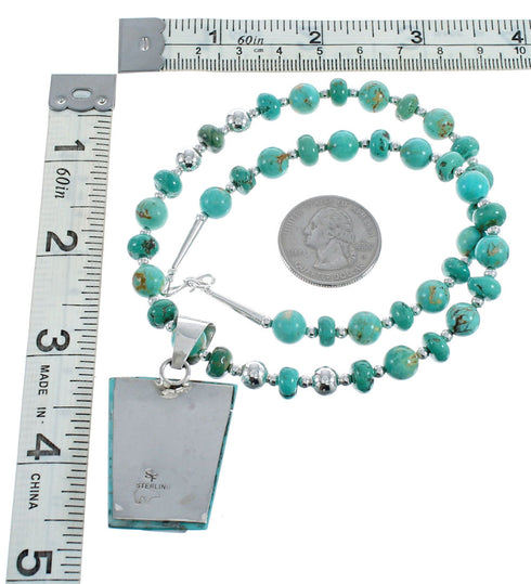 Native American Kingman Turquoise Cobble Inlay And Sterling Silver Navajo Bead Necklace Set AX124790