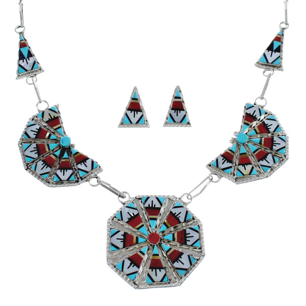 Native American Zuni Sterling Silver Multicolor Earrings And Link Necklace Set AX124798