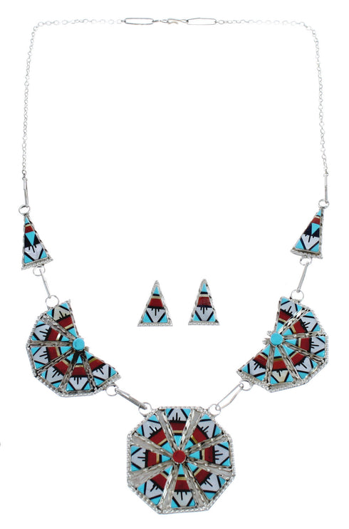 Native American Zuni Sterling Silver Multicolor Earrings And Link Necklace Set AX124798