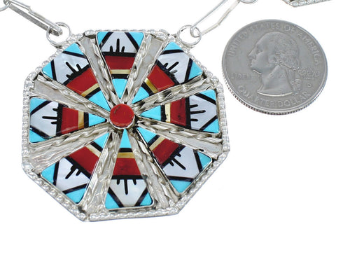 Native American Zuni Sterling Silver Multicolor Earrings And Link Necklace Set AX124798