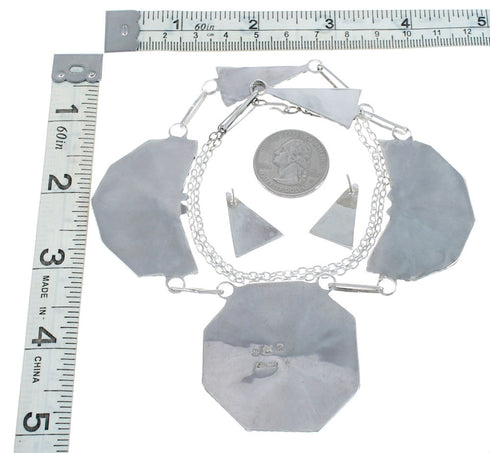 Native American Zuni Sterling Silver Multicolor Earrings And Link Necklace Set AX124798