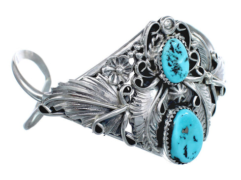 Native American Turquoise Scalloped Leaf Sterling Silver Cuff Bracelet AX124852