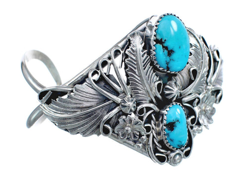 Native American Turquoise Scalloped Leaf Sterling Silver Cuff Bracelet AX124853