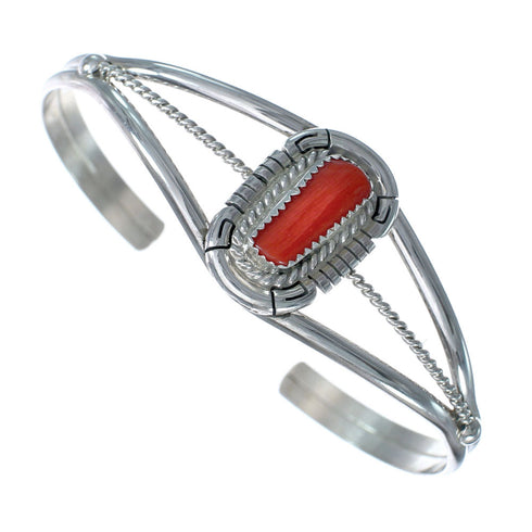 Native American Coral And Sterling Silver Navajo Cuff Bracelet AX124824