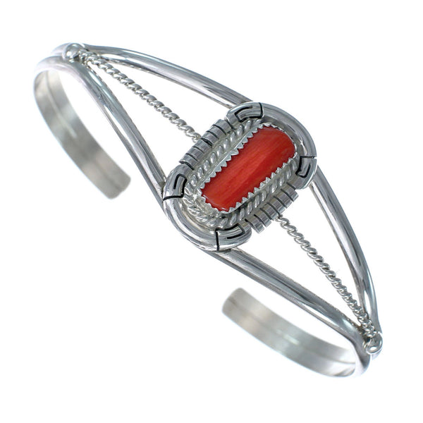 Native American Coral And Sterling Silver Navajo Cuff Bracelet AX124824
