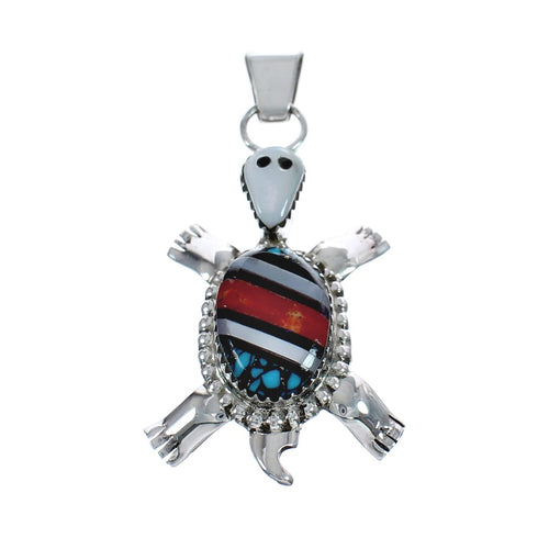 Native American Multicolor Inlay Sterling Silver Turtle Pendant JX125084
