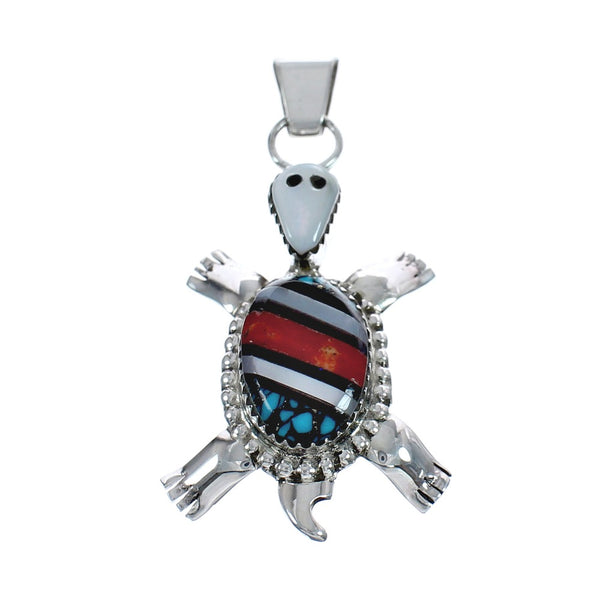 Native American Multicolor Inlay Sterling Silver Turtle Pendant JX125084