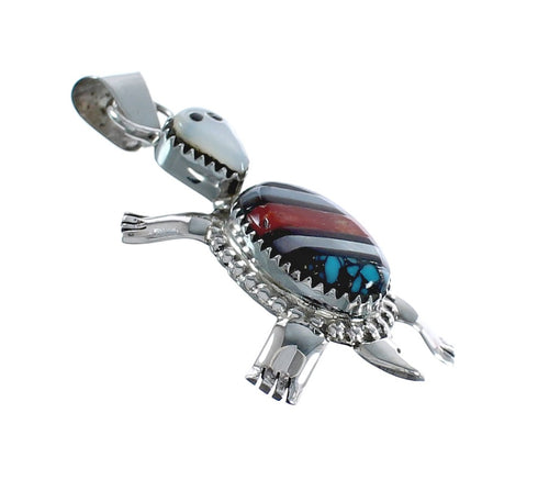 Native American Multicolor Inlay Sterling Silver Turtle Pendant JX125084