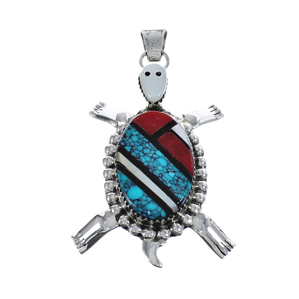 Native American Multicolor Inlay Sterling Silver Turtle Pendant JX125089