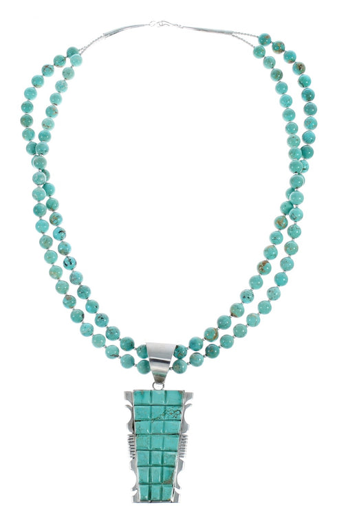 Native American Turquoise Cobble Inlay And Sterling Silver Navajo 2-Strand Bead Necklace Set JX125453