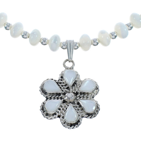 Native American Mother of Pearl And Sterling Silver Flower Pendant Bead Necklace JX125441