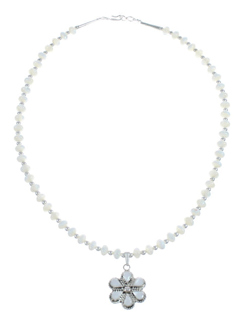 Native American Mother of Pearl And Sterling Silver Flower Pendant Bead Necklace JX125441