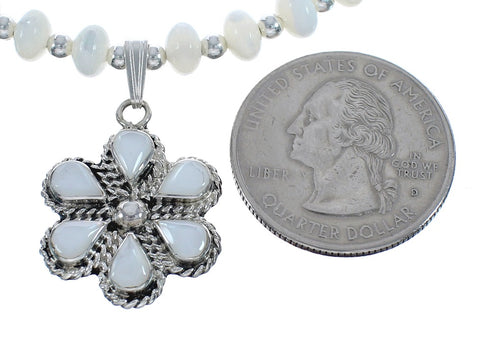 Native American Mother of Pearl And Sterling Silver Flower Pendant Bead Necklace JX125441